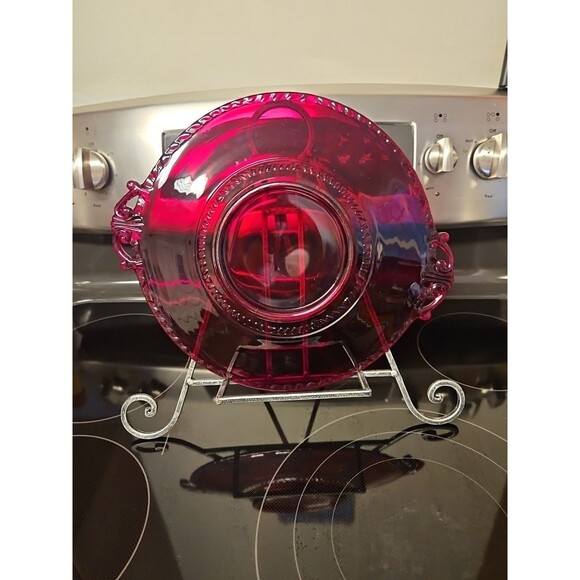 Vintage Paden City Red Depression Glass Filigree Gadroon Pattern Cheese Plate - Picture 2 of 13